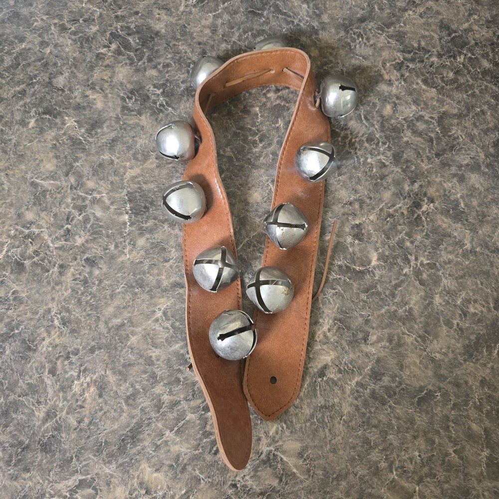 Leather Sleigh Bell Strap 10 Large Silver Tone Jingle Bells 28" Christmas Decor